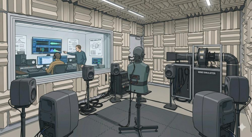 Tento obrázek byl vytvořen pomocí AI a slouží pouze pro ilustrační účely. Zachycuje laboratoř používanou k testování technologie, která stojí za křišťálově čistými hovory sluchátek Galaxy Buds4 Pro.