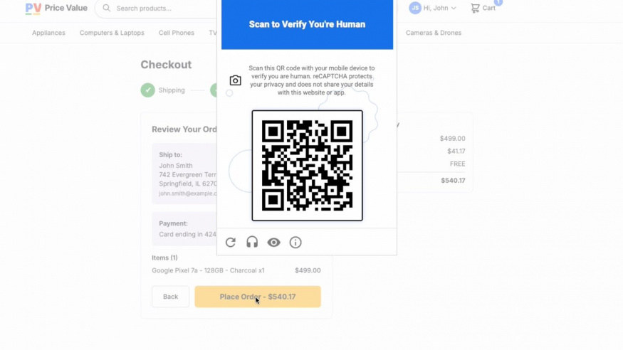 QR výzva reCAPTCHA v Google Cloud Fraud Defense Ukázka QR ověření v reCAPTCHA od Googlu