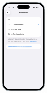 Výběr beta profilu pro iOS 27