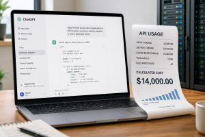 Notebook s ChatGPT a účtenkou za API usage s vypočtenou cenou 14 000 dolarů