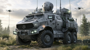 Vozidlo Mercedes-Benz v armádní úpravě s protidronovou technologií (ilustrační obrázek)
