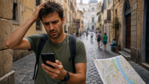 Zmatený turista s telefonem a papírovou mapou v historickém městě