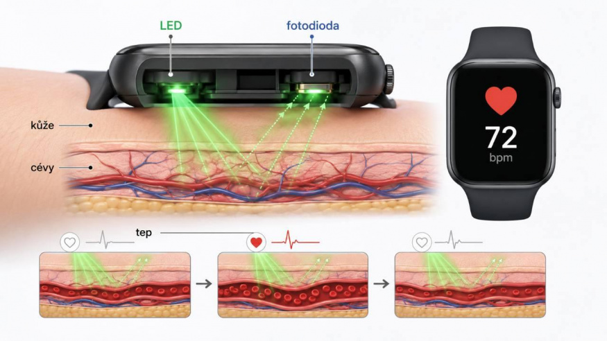 Infografika ukazuje LED, fotodiodu a odraz světla v PPG senzoru chytrých hodinek