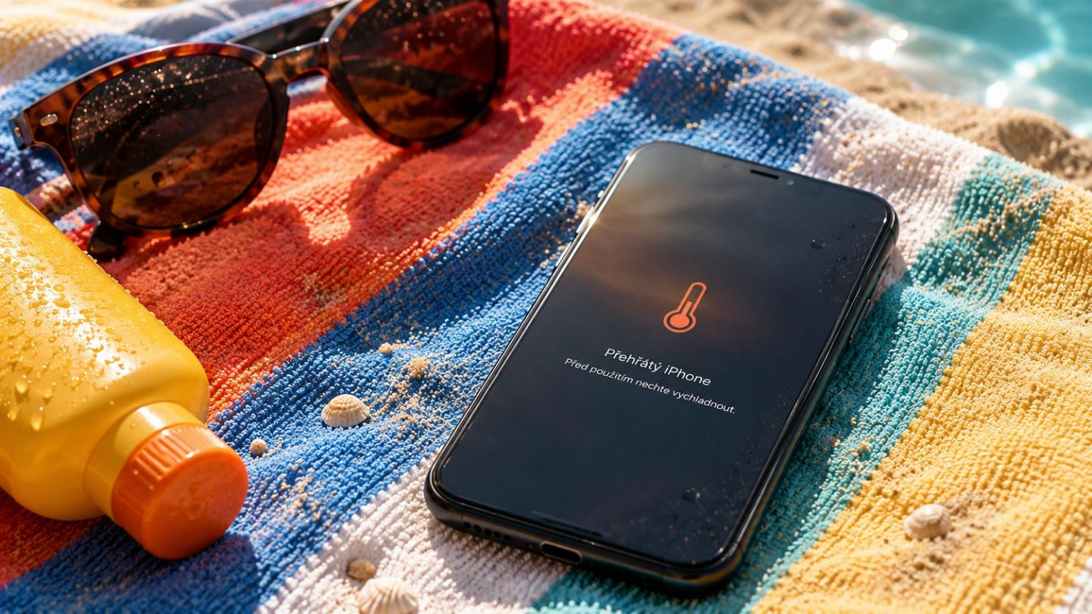 Přehřátý iPhone na plážové osušce ukazuje varování před vysokou teplotou