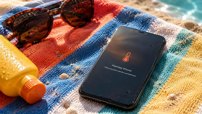 Přehřátý iPhone na plážové osušce ukazuje varování před vysokou teplotou