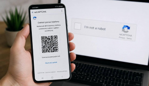 Telefon s QR ověřením reCAPTCHA před notebookem s kontrolou I’m not a robot