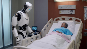 Humanoidní robot v nemocnici sledující stav pacienta na lůžku (ilustrační obrázek)