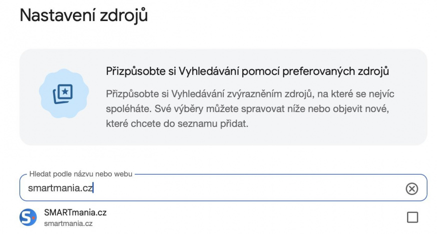 Přidání nového webu mezi preferované zdroje na Googlu