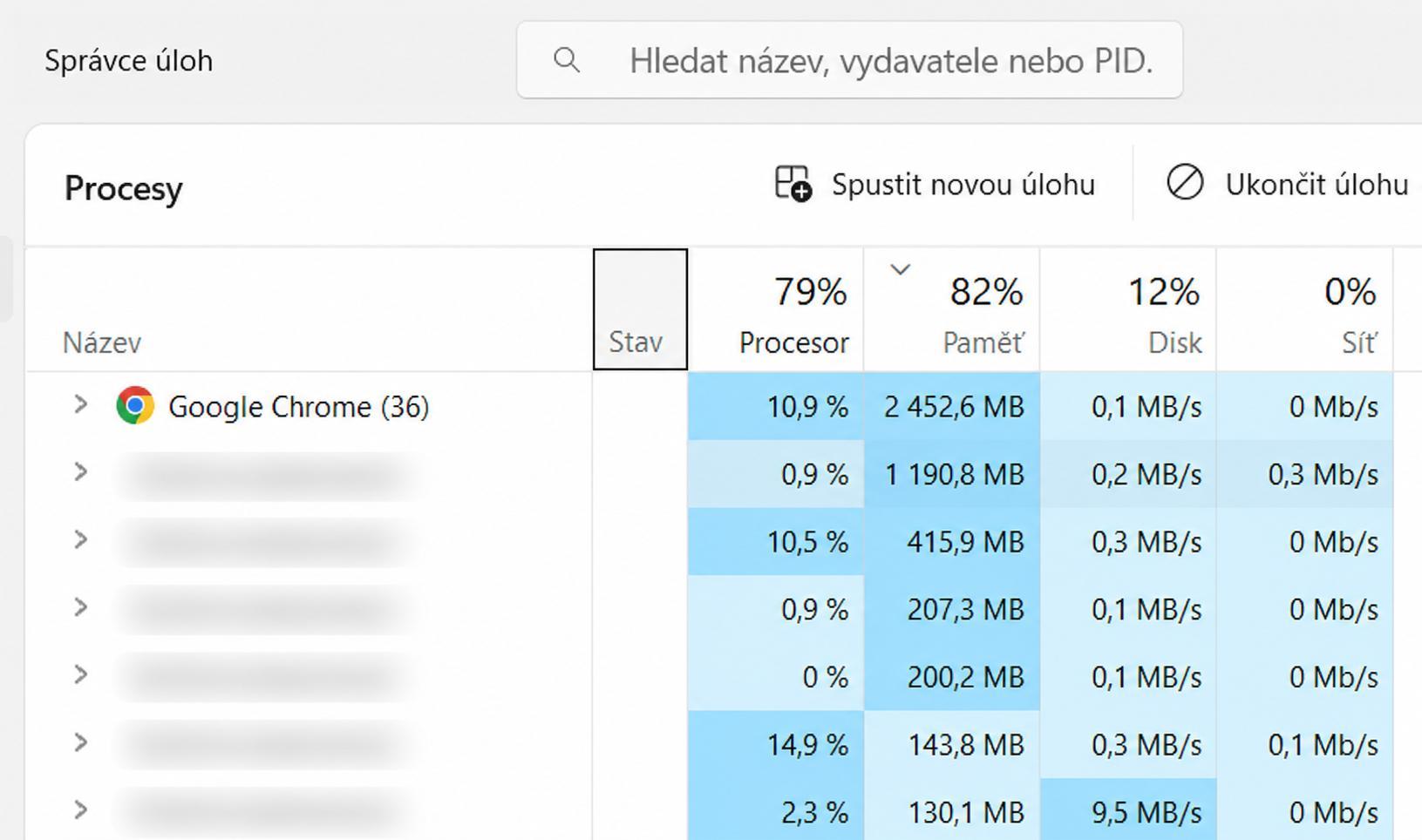 Vytížení počítače ve Správci úloh Anonymizovaný Správce úloh ve Windows se spuštěným Google Chrome a dalšími rozmazanými procesy