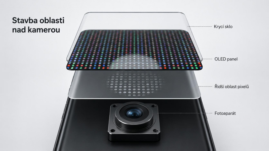Stavba oblasti displeje nad přední kamerou Schéma krycího skla, OLED panelu, řidší oblasti pixelů a fotoaparátu pod displejem