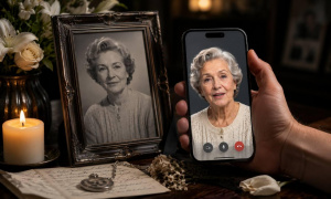Digitální kopie zemřelé ženy ve videohovoru na smartphonu