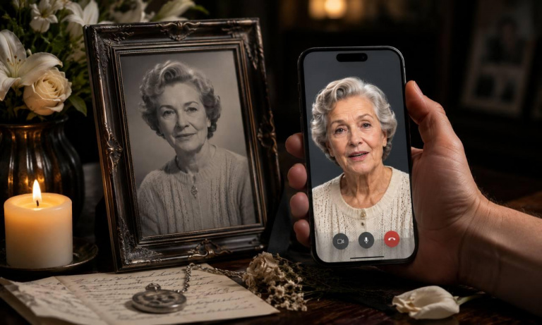 Digitální kopie zemřelé ženy ve videohovoru na smartphonu