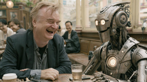 Christopher Nolan smějící se robotovi (ilustrační obrázek)