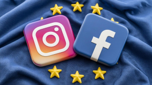 Logo Instagramu a Facebooku na vlajce Evropské unie (ilustrační obrázek)