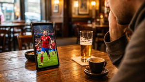 Smartphone se svislým záběrem fotbalového zápasu na stole v kavárně