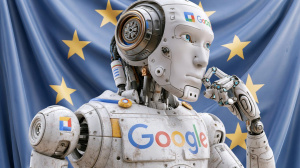 Robot v barvách Googlu před vlajkou Evropské unie (ilustrační obrázek)