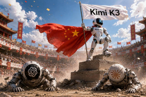 Kimi K3 míří proti americké AI špičce AI ilustrace robota Kimi K3 s vlajkou nad poraženými roboty symbolizujícími konkurenci