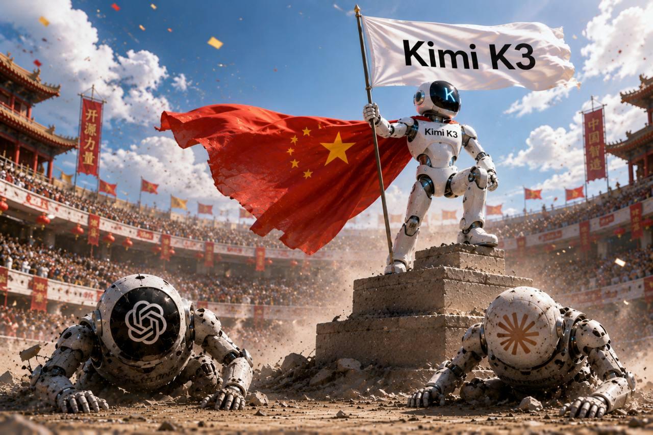 AI ilustrace robota Kimi K3 s vlajkou nad poraženými roboty symbolizujícími konkurenci