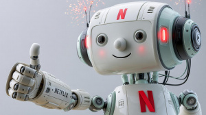 Roztomilý robot v barvách Netflixu signalizující palec vzhůru (ilustrační obrázek) Roztomilý robot v barvách Netflixu signalizující palec vzhůru (ilustrační obrázek)