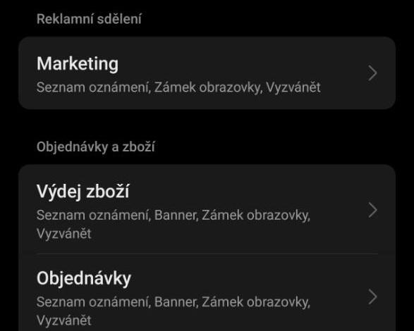 Oddělení marketingu od objednávek v notifikacích Nastavení kanálů oznámení aplikace Alza pro marketing a objednávky