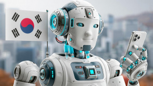 Jihokorejský robot s chytrým telefonem v ruce (ilustrační obrázek) Jihokorejský robot s chytrým telefonem v ruce (ilustrační obrázek)