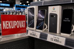 iPhone 16 a Google Pixel 10a vystavené vedle červené cedule Nekupovat