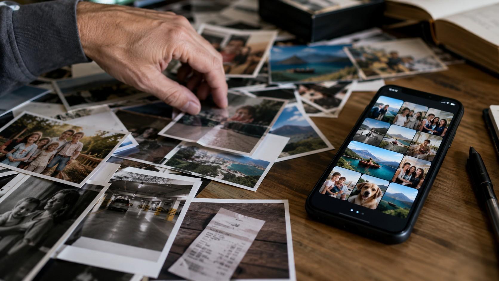 Ruka vybírá papírové fotografie vedle telefonu s digitální galerií rodinných snímků