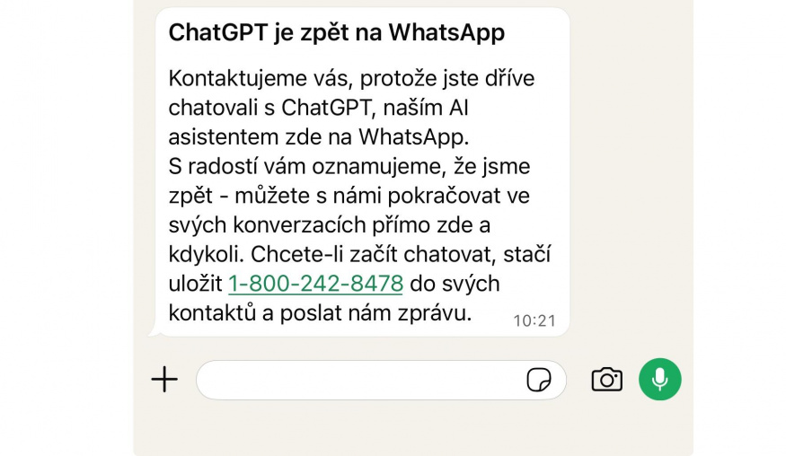 ChatGPT se vrací do WhatsAppu ChatGPT se vrací do WhatsAppu