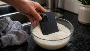 Mokrý smartphone položený v misce s rýží