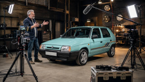 Moderátor ve studiu představuje starší automobil před několika kamerami