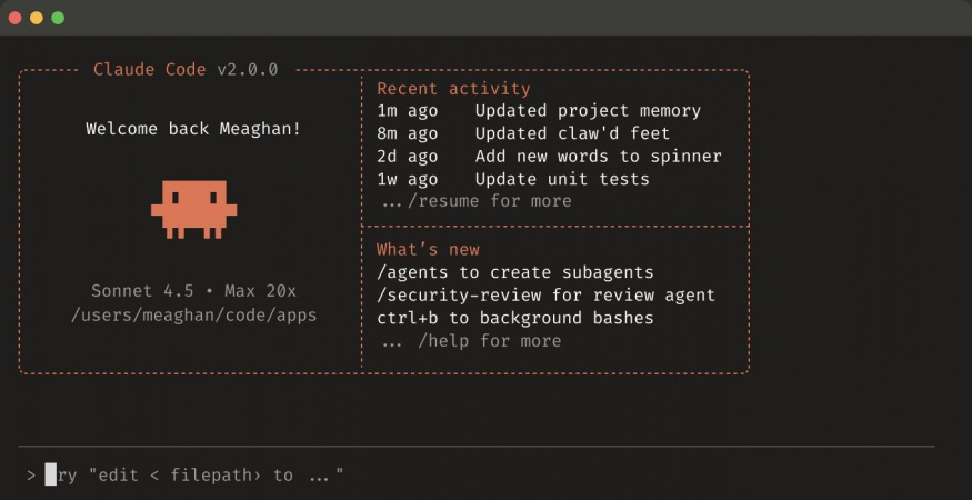 Claude Code – práce s projektem v terminálu Terminál Claude Code s přehledem projektu a nedávné aktivity