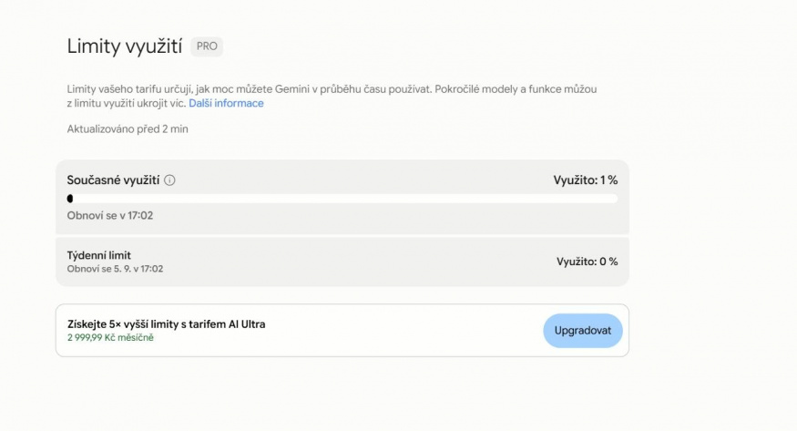 Gemini – průběžný a týdenní limit využití Přehled limitů Gemini s průběžným a týdenním limitem