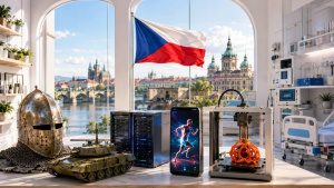 Česká vlajka nad Prahou obklopená rytířskou helmou, tankem, servery, telefonem, 3D tiskárnou a nemocničním lůžkem