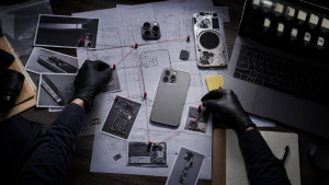 AI ilustrace rukou nad technickými výkresy a součástkami telefonu