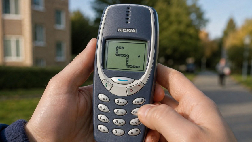 Snake na klasickém telefonu Nokia Ruce drží telefon Nokia se spuštěnou hrou Snake