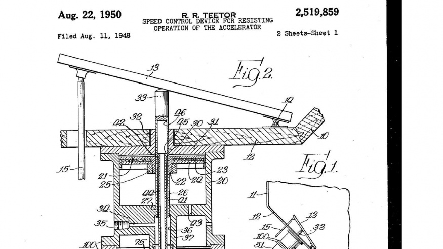 Patent Ralpha Teetora na první systém regulace rychlosti Výkres prvního patentu Ralpha Teetora na zařízení regulující odpor plynového pedálu