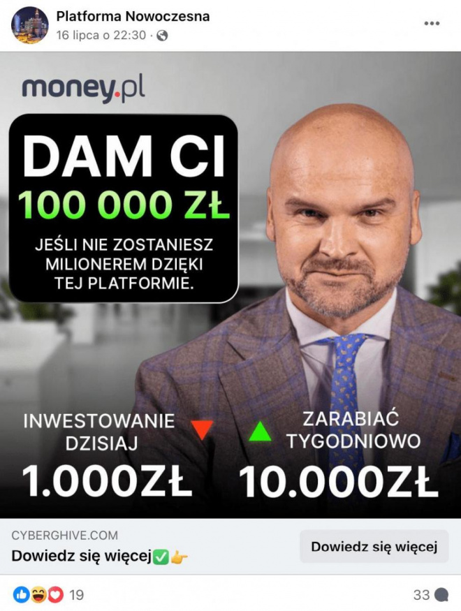 Falešná reklama slibující peníze a zneužívající podnikatele Rafała Brzoska Falešná reklama slibující peníze a zneužívající podnikatele Rafała Brzoska