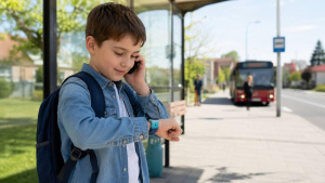 Školák na autobusové zastávce telefonuje a kontroluje chytré hodinky