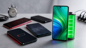 Telefon s plnou baterií stojí vedle několika vybitých smartphonů