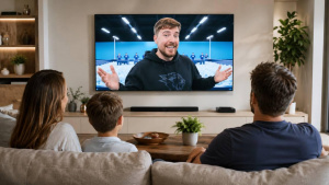 Rodina sleduje MrBeasta na velké televizní obrazovce v obýváku