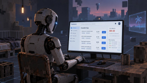 Humanoidní robot u počítače hledá placené zakázky