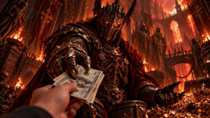 Hráč podává peníze fantasy postavě v hořícím chrámu