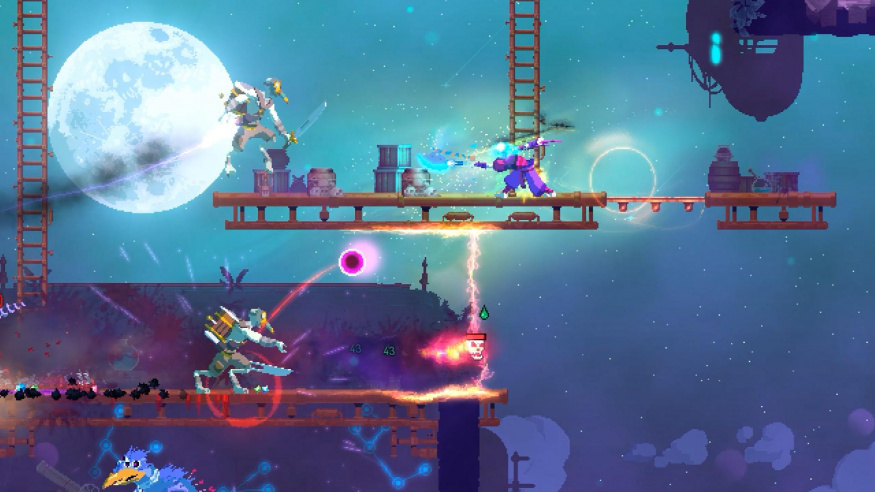 Souboj v Dead Cells Hráčská postava bojuje s několika protivníky na plošinách ve hře Dead Cells