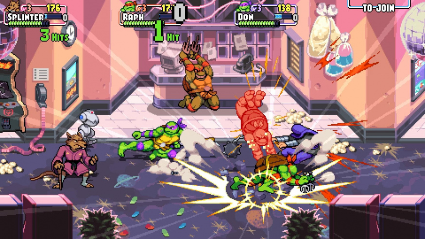 Společný boj v TMNT: Shredder’s Revenge Želvy ninja a Mistr Tříska bojují s protivníky v arkádě ve hře TMNT: Shredder’s Revenge