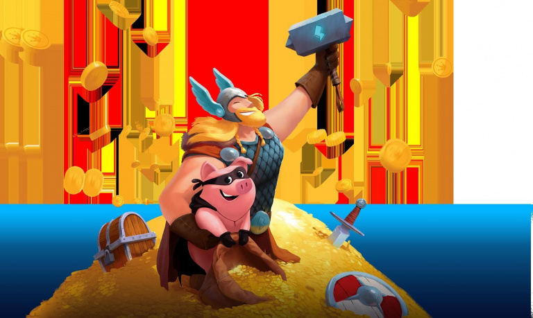Coin Master Viking a prasátko z mobilní hry Coin Master stojí na hromadě mincí