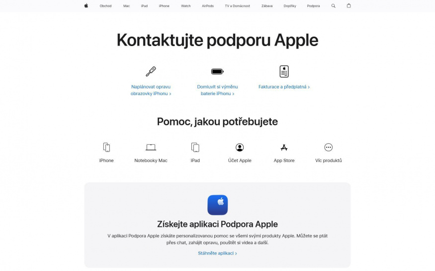 Oficiální podpora Apple Snímek české kontaktní stránky oficiální podpory Apple