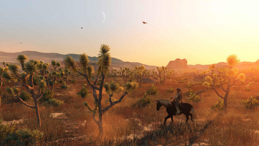 Jízda krajinou v Red Dead Redemption John Marston jede na koni pouštní krajinou při západu slunce ve hře Red Dead Redemption