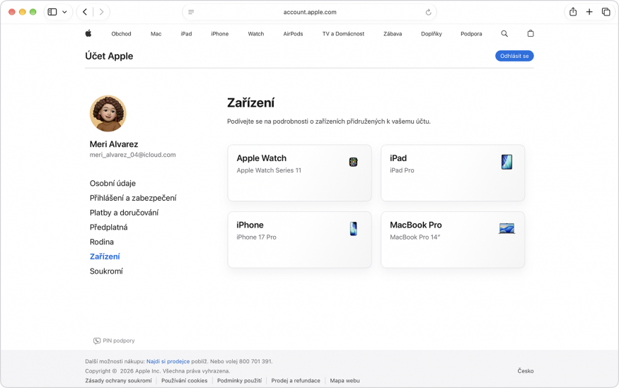 Zařízení přihlášená k účtu Apple Snímek ukázkového seznamu zařízení přidružených k účtu Apple