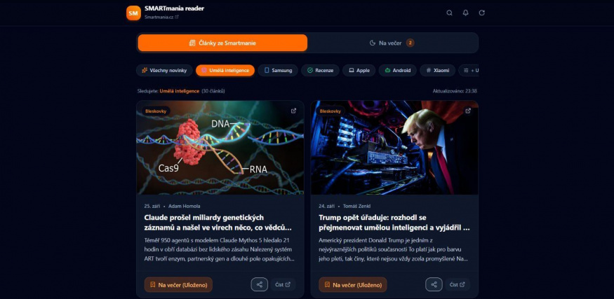 SMARTmania reader v AI Studiu Tmavý náhled aplikace SMARTmania reader s výběrem témat