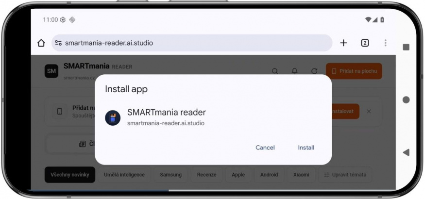 Přidání čtečky na plochu Androidu Potvrzení instalace aplikace SMARTmania reader v Chromu na Androidu